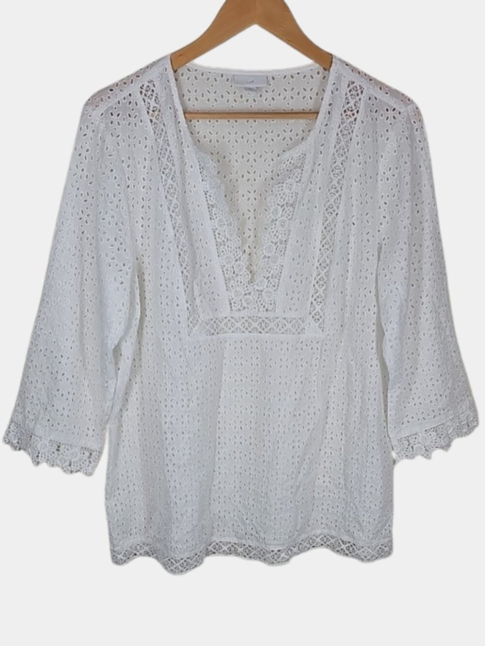 J.Jill White Eyelet Lace Split Neck Top L Boho Beachy Cotton Cottagecore Costal